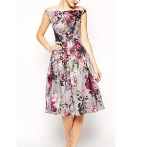ASOS Gray/Pink Floral Flower-print Off-the-Shoulder Fit & Flare Midi Dress